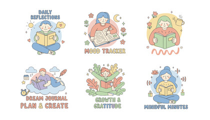 Selfcare and journaling vector illustrations for mental health mindfulness and personal reflection