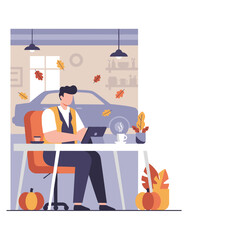 Professional working remotely on a tablet enjoying coffee and autumn vibes