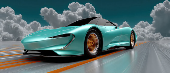Sleek Electric Sports Car on Open Road with Dramatic Cloudy Sky