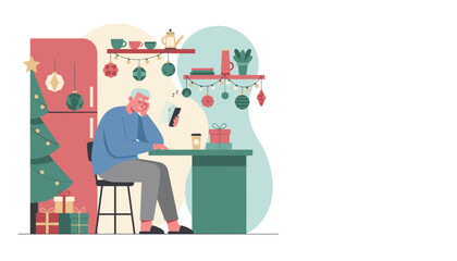 Exhausted senior man naps while holding phone during the holiday season