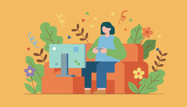 Leisure time Person playing video games on a couch surrounded by decorative plants