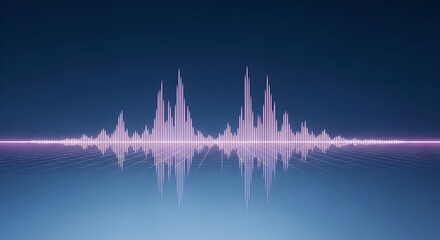 Dynamic Digital Audio Waveform with Neon Glow on Reflective Blue Surface