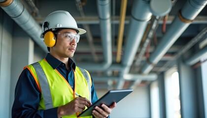 Asian engineer man wears safety gear. He inspects industrial plumbing pipes using tablet. Worker checks building system with tech. He reviews plans and checks quality. Focused man works on project.