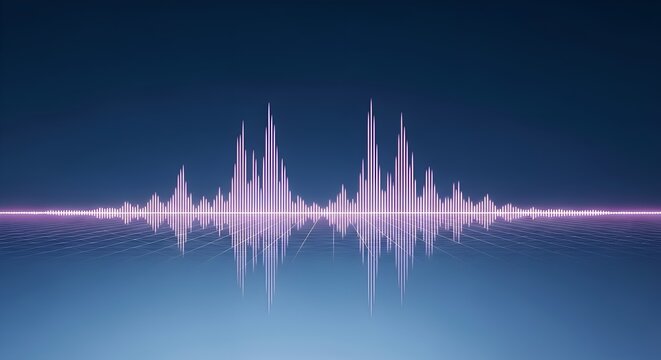 Dynamic Digital Audio Waveform with Neon Glow on Reflective Blue Surface