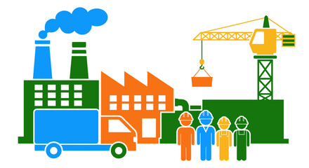 Industry construction and labor illustration Factory buildings crane truck and workers icons