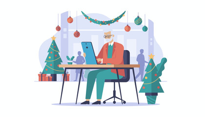 Senior businessman works on tablet in a modern office decorated for the Christmas holiday season