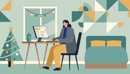Woman works remotely on a computer in a festive home office setting during the winter holidays