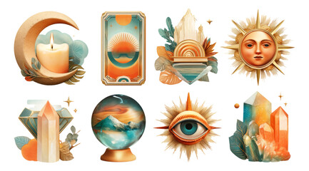 Celestial Elements and Tarot Symbols in Dreamy, Isolated Background Illustration