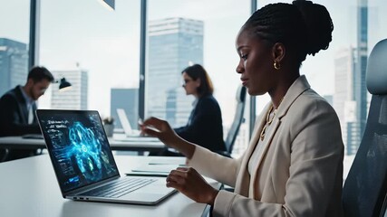 Professional woman utilizing technology in modern office setting, confidently working on her laptop while taking advantage of urban sophistication and high powered business skills. - Powered by Adobe
