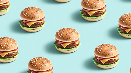 Cheeseburgers creating a dynamic, repeating pattern on a pastel blue background, symbolizing modern fast food culture and playful design through food art