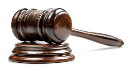 Fototapeta premium Gavel on a wooden sound block representing justice, law and judicial authority, used in courts, legal proceedings, auctions and decisions by judges and arbitrators
