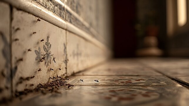Ant colony crawling across patterned floor and wall tiles, close up showing infestation and foraging activity in a domestic interior, highlighting need for pest control services