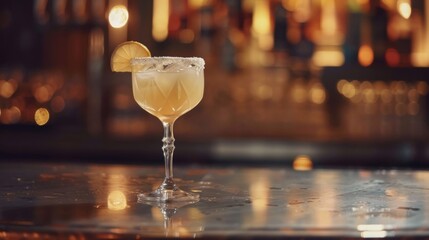 A classic short margarita cocktail in a stemmed glass with a sugared rim and a lemon slice garnish, sitting on a glossy bar counter with warm, ambient bokeh lights in the background