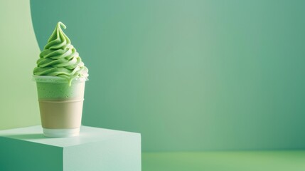 Matcha frappe takeaway in a clear plastic cup with a paper sleeve, placed on a light green geometric cube against a simple, complementary background