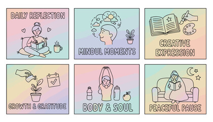 Minimalist selfcare icons grid Wellness routine concepts reflection mindfulness growth expression body peace