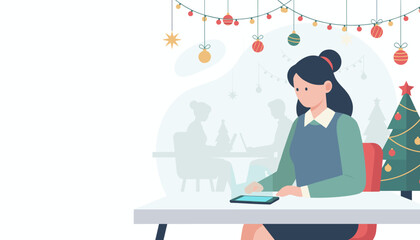 Businesswoman uses a tablet at her decorated office desk during the Christmas season