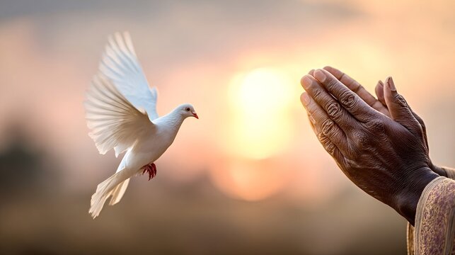 Human hands clasped in prayer position receiving a flying white dove, symbolizing concepts of hope, peace, faith, and spirituality during a beautiful outdoor sunset
