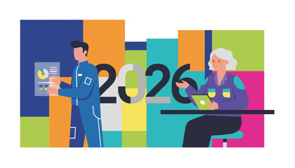 Business team analyzing data and planning for the 2026 future using modern digital technology