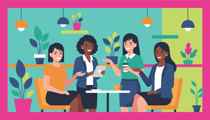 Happy diverse business team meeting and collaborating in a vibrant casual office environment