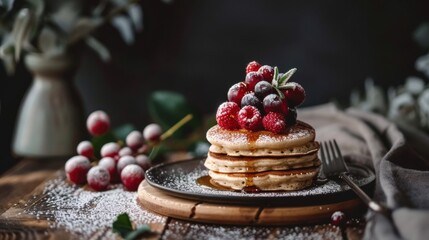 A stack of pancakes topped with a generous pile of powdered sugar, red and black berries (raspberries, grapes), and syrup on a dark, rustic wooden table