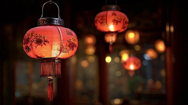 Red chinese lanterns with intricate patterns and tassels glow warmly at night, casting a festive, serene atmosphere with soft bokeh lights and rich red hues in the background