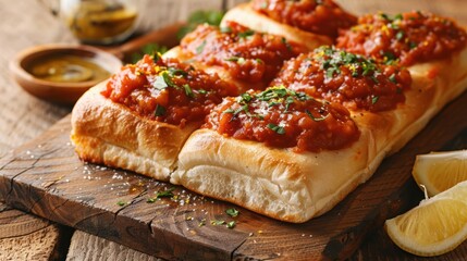 Close-up of several baked bread rolls pav bhaji topped with a red, chunky tomato-based sauce and fresh herbs, served on a wooden board