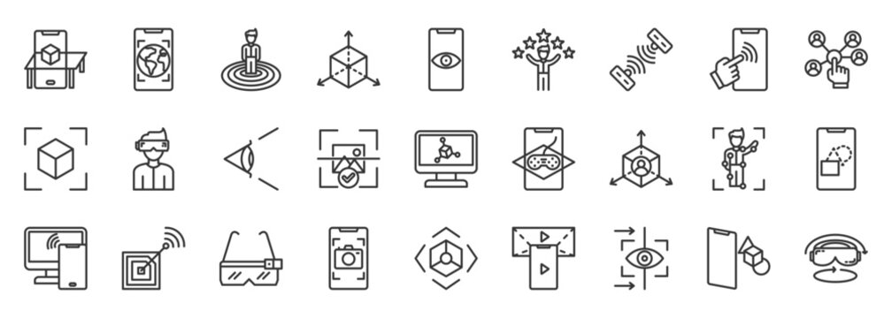 augmented reality icon set collection in outline style. icon pack contain virtual, augment, immersive, 3d, mixed, surrounding, world, vr, glases, mobile projector  icon