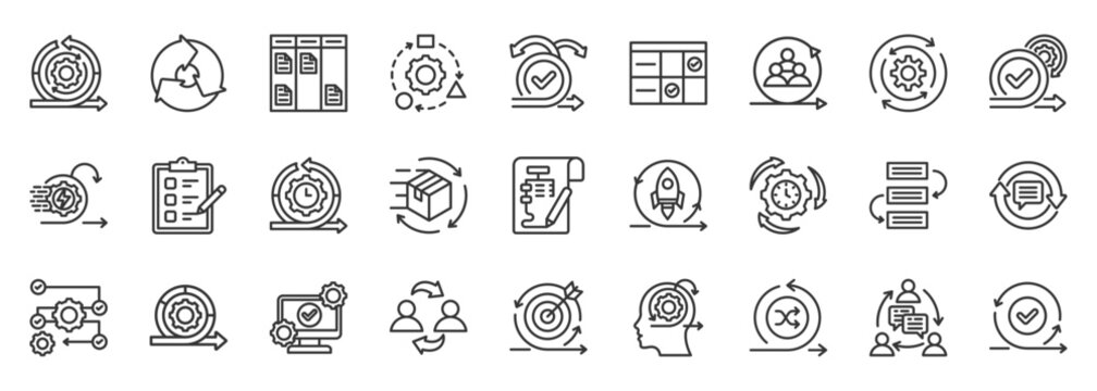 agile icon set collection in outline style. icon pack contain scrum, sprint, kanban, flow, cycle, interaction, task, board, team, communication icon