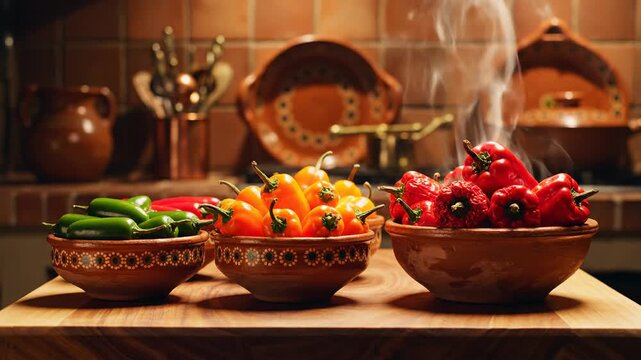 Fiery Chili Peppers Displayed In Rustic Bowls For Culinary and Spicy Delight