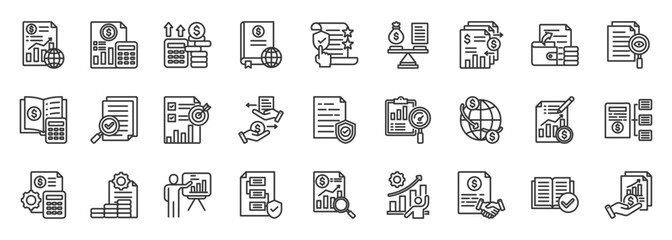 ifrs icon set collection in outline style. icon pack contain accounting, standard, financial, reporting, statement, balance, presentation, asset, liability, equity icon