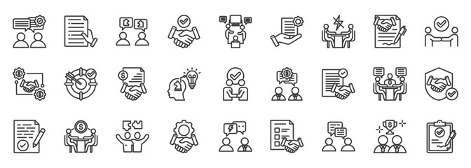 negotiation icon set collection in outline style. icon pack contain deal, agreement, talk, discuss, bargain, contract, offer, terms, collaboration, partner icon