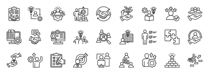 onboarding icon set collection in outline style. icon pack contain welcome, training, learn, orient, progress, team, process, human resources, grow, support icon