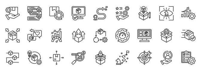 product management icon set collection in outline style. icon pack contain roadmap, metric, strategy, vision, iteration, market analysis, development, design, growth, quality icon