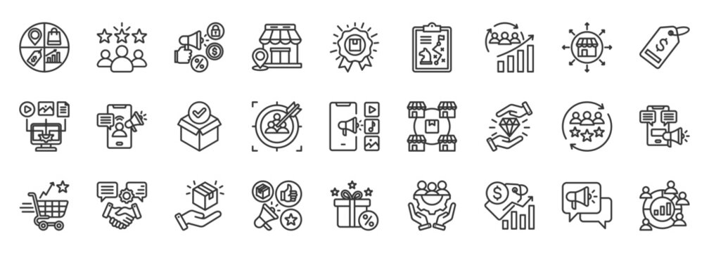 marketing mix icon set collection in outline style. icon pack contain product, price, place, promotion, brand, market, strategy, customer, value, advertisement icon