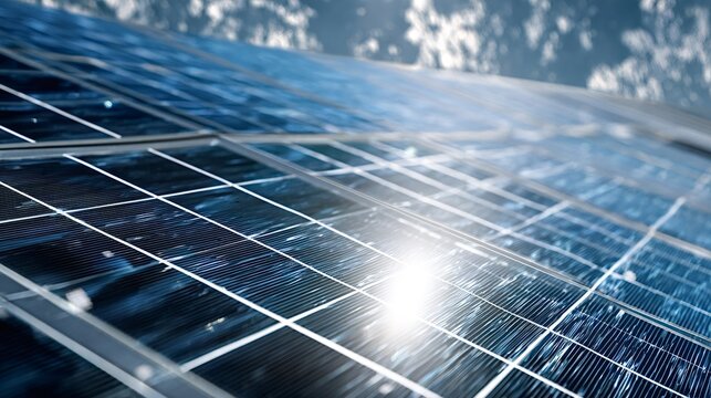 Solar panels reflecting bright sunlight, generating clean renewable electricity and highlighting the advancements in green technology and environmental conservation efforts