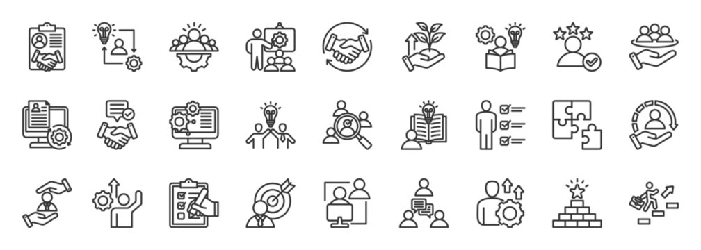 onboarding icon set collection in outline style. icon pack contain welcome, training, learn, orient, progress, team, process, human resources, grow, support icon