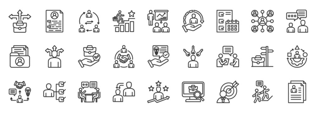 outplacement icon set collection in outline style. icon pack contain career, transition, support, guidance, coaching, cooperation, adapt, opportunity, network, advice icon