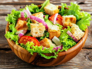 Fresh salad with crisp lettuce, juicy tomatoes, crunchy croutons, and red onions served in a wooden bowl, showcasing vibrant colors and healthy ingredients for a nutritious meal