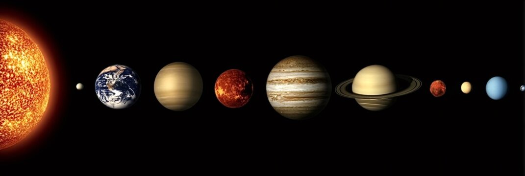 Solar system planets, including earth, mars, jupiter, and saturn, orbiting the sun with a visible celestial alignment on a black background, representing astronomy and space exploration concepts - Powered by Adobe