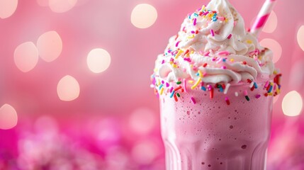 Extreme close-up of a pink milkshake topped with whipped cream, colorful sprinkles, and a striped straw, against a bright, dreamy pink bokeh background