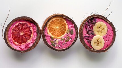 Three coconut halves filled with vibrant pink smoothie bowls, each topped uniquely with blood orange, mixed seeds, or banana slices, against a white backdrop