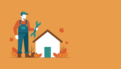Fall home maintenance service illustration with handyman and wrench