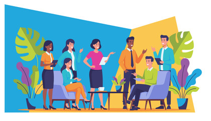 Diverse business team meeting and discussing strategy in a colorful modern office lounge setting