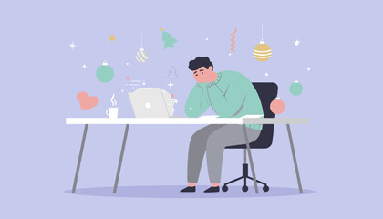 Stressed man suffering holiday burnout working on laptop at desk with Christmas decorations