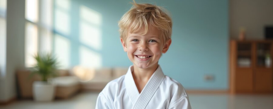 Smiling young boy wears white karate uniform, indoors. He shows confidence and pure joy in his martial arts pursuit. The child radiates happiness and energy during training.