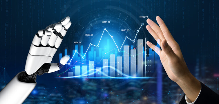 A robotic hand reaches towards a human hand, showcasing a visual of financial growth and data analytics, symbolizing the future of technology in business interactions. Scalp
