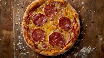 Top-down, close-up view of a freshly baked pepperoni pizza, featuring melted cheese and large slices of salami, placed on a rustic wooden table scattered with flour and herbs
