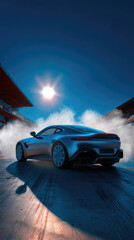 Naklejka premium Sleek Sports Car on Track Amidst Smoke Under Sunny Sky - Dynamic Racing Scene