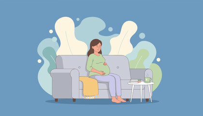 Expectant mother relaxing comfortably on a sofa at home enjoying maternal calm