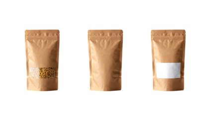 Three kraft paper pouches with resealable tops isolated on transparent background